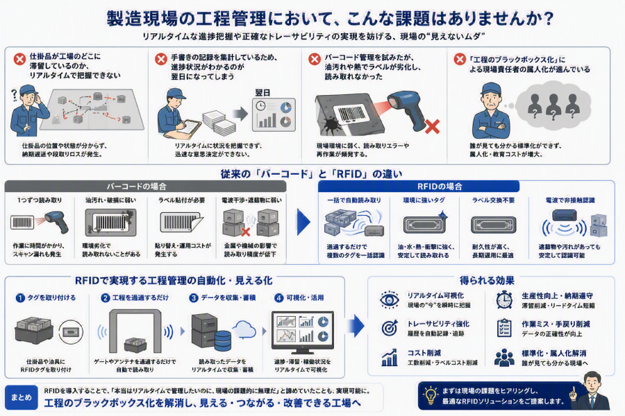 【製造現場の課題解決】金属・熱処理工程もOK!RFIDで実現する「工程管理の見える化」完全ガイド