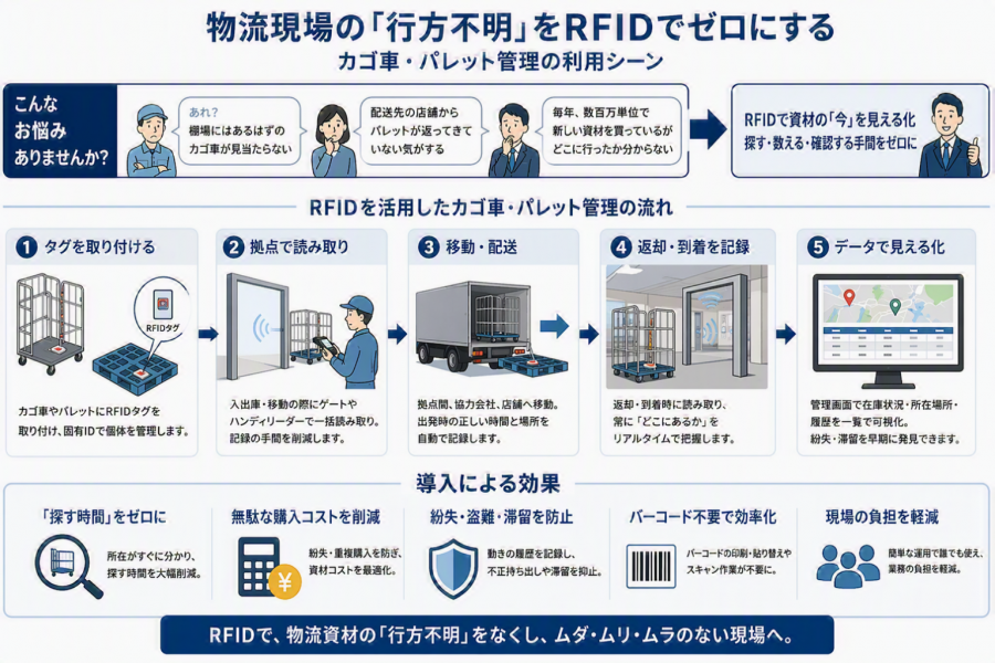 【物流資材の紛失対策】カゴ車・パレットが足りない！RFIDで実現する「循環資材」の自動管理術